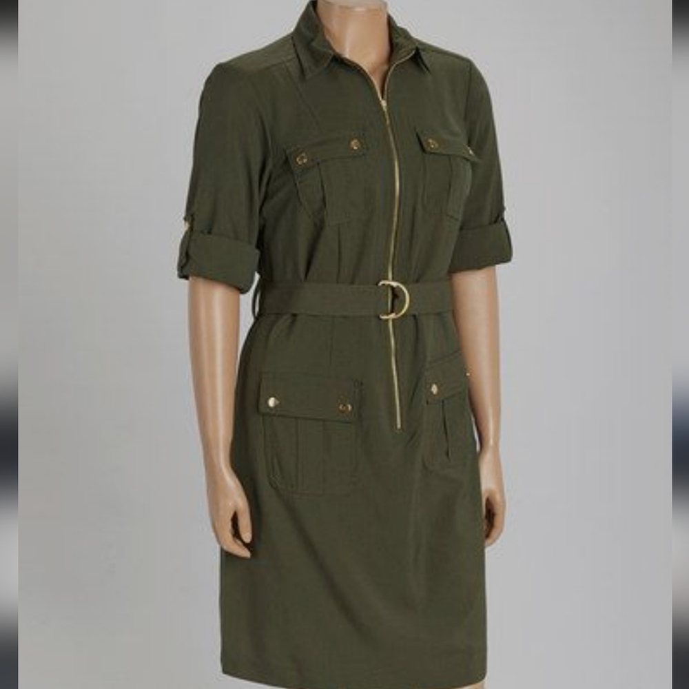 Dress Barn Olive Green Mid-length Safari Military Zip Dress Plus Size 20